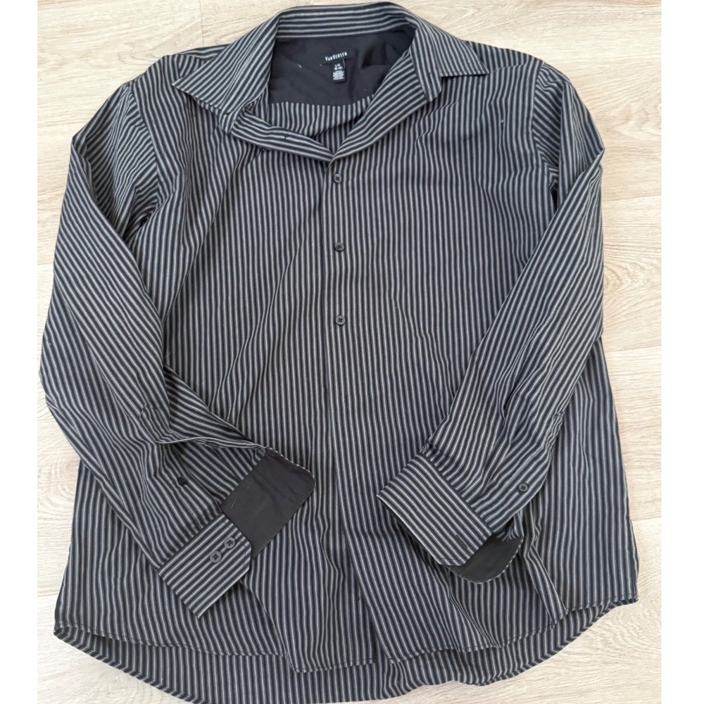 Van Heusen Mens Large Long Sleeve Button Down Shirt Black Grey Striped 16-16.5
